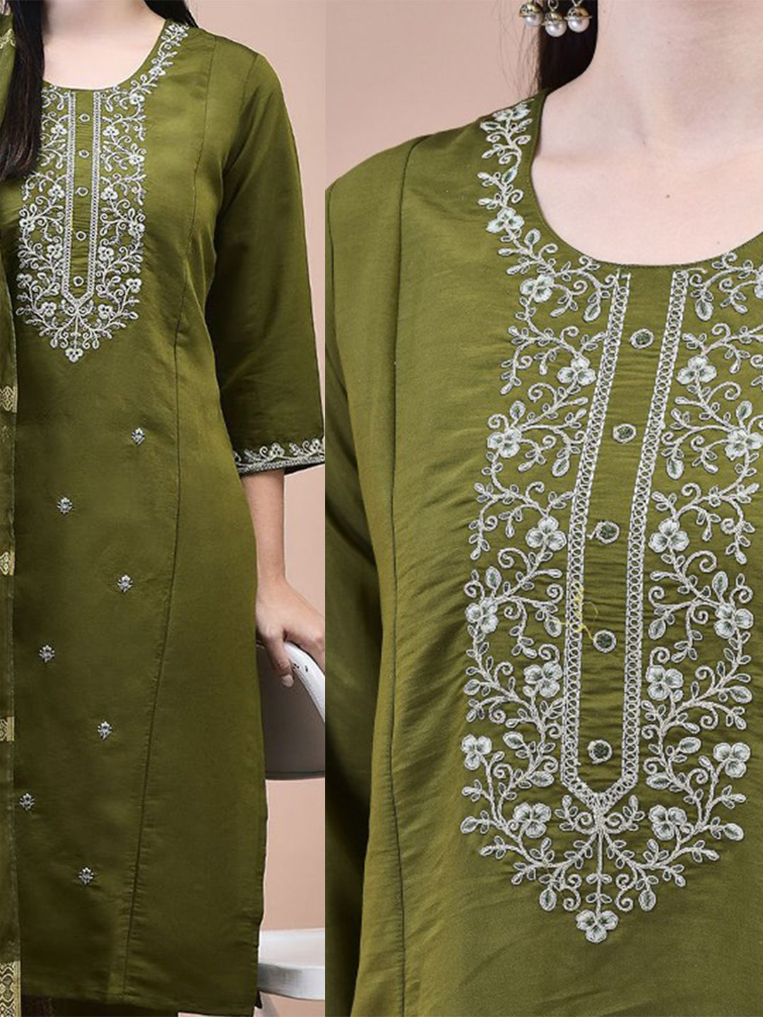 FlexFeb Olive Green Embroidered Stitched Dress Suit Set Top Bottom Dupatta