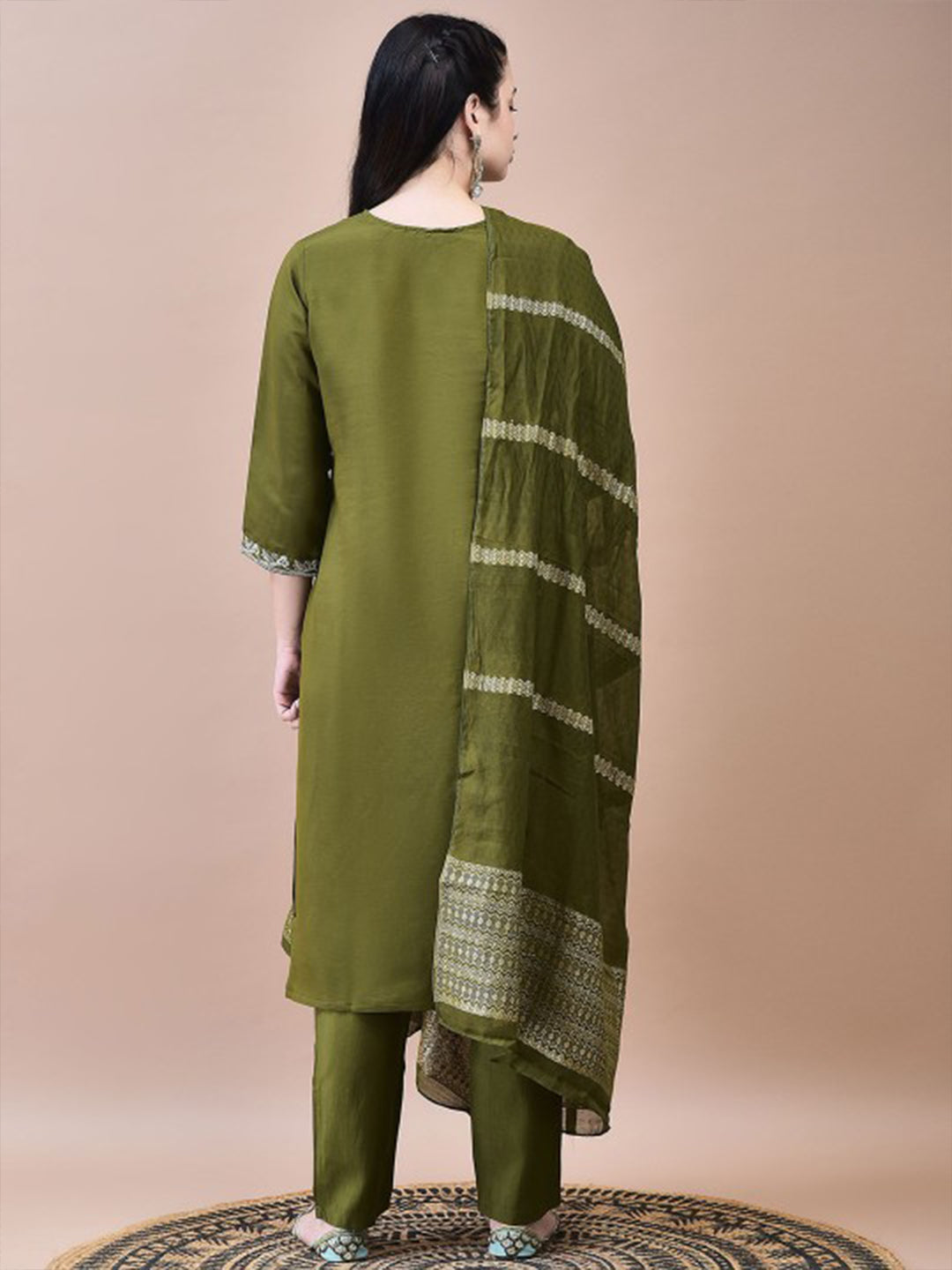 FlexFeb Olive Green Embroidered Stitched Dress Suit Set Top Bottom Dupatta