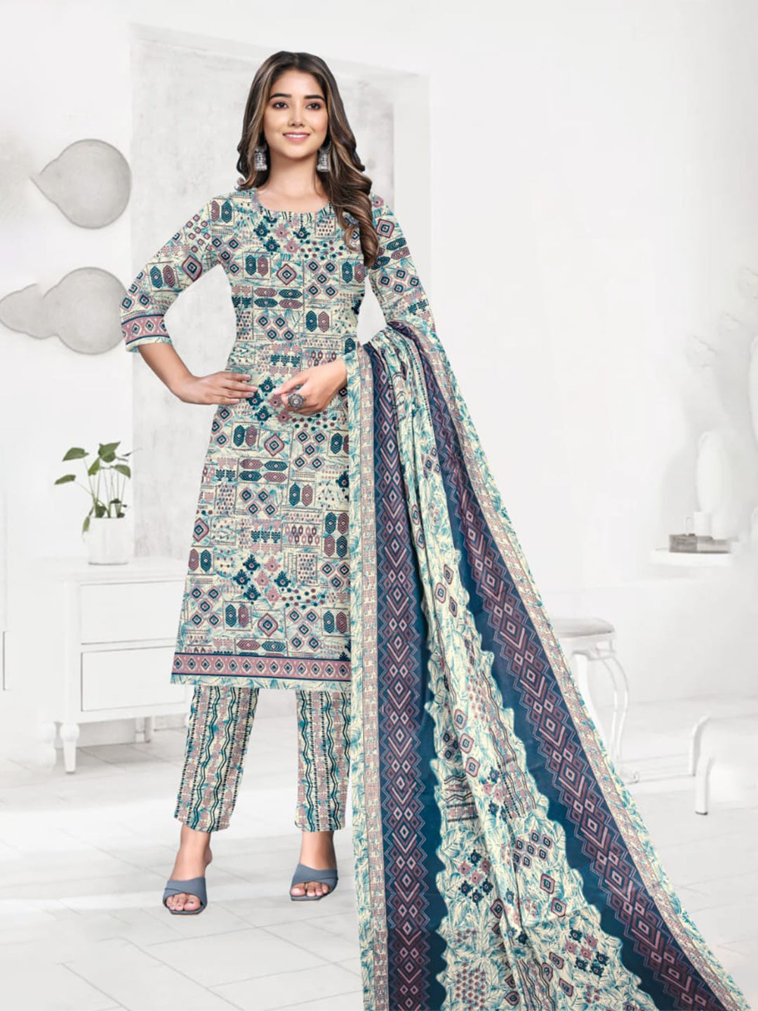 FlexFeb Dress Material 3 Piece Cotton Printed Unstitched Top Bottom Dupatta Light Grey Design
