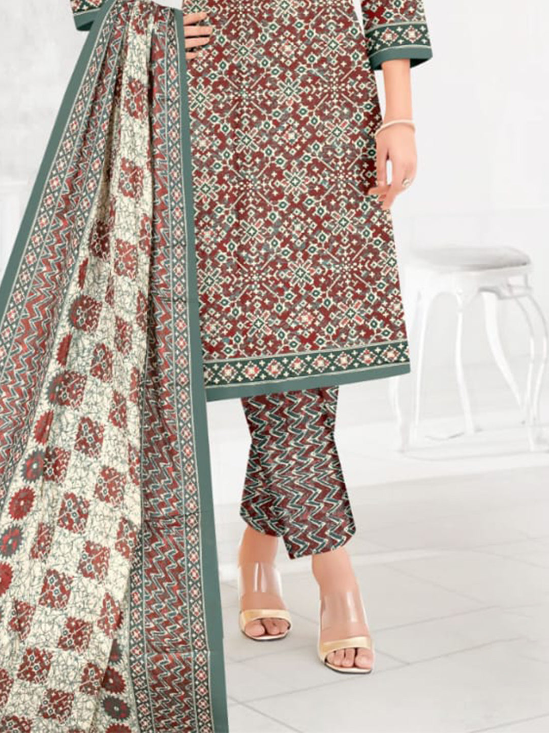 FlexFeb Dress Material 3 Piece Cotton Printed Unstitched Top Bottom Dupatta Brown and Green Ironstone Rust Design