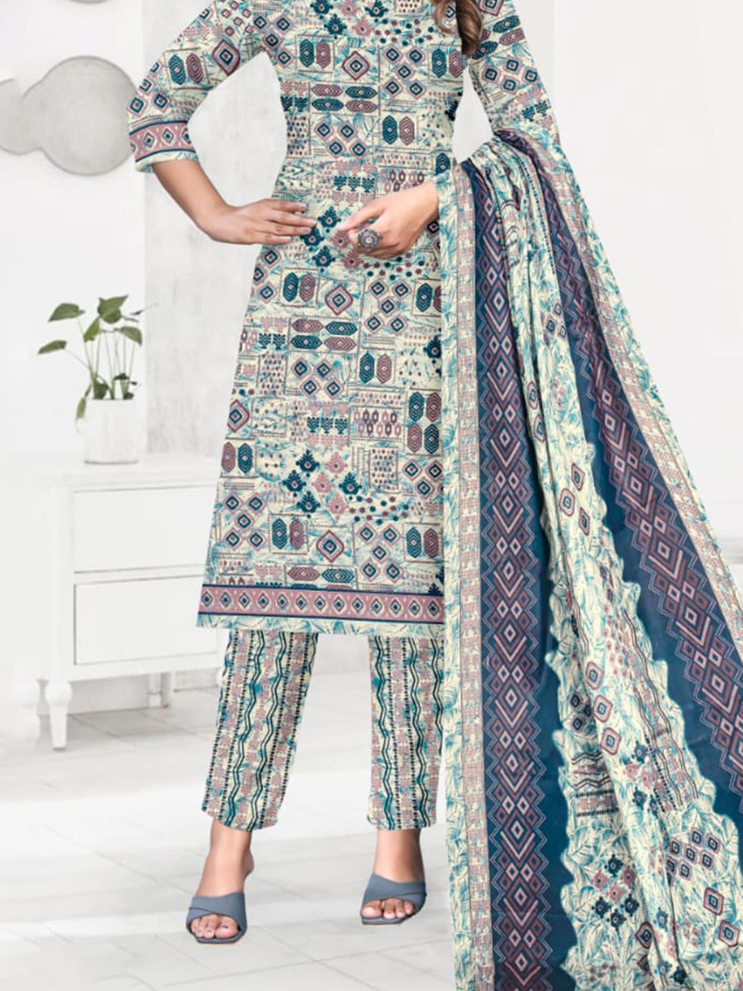 FlexFeb Dress Material 3 Piece Cotton Printed Unstitched Top Bottom Dupatta Light Grey Design