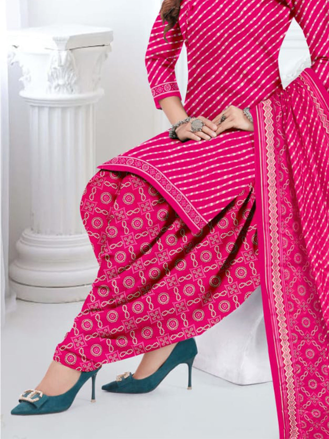 FlexFeb Dress Material 3 Piece Cotton Printed Unstitched Top Bottom Dupatta Pink Design