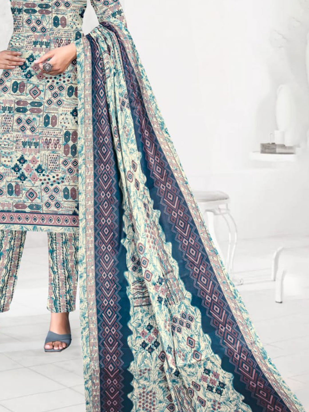 FlexFeb Dress Material 3 Piece Cotton Printed Unstitched Top Bottom Dupatta Light Grey Design