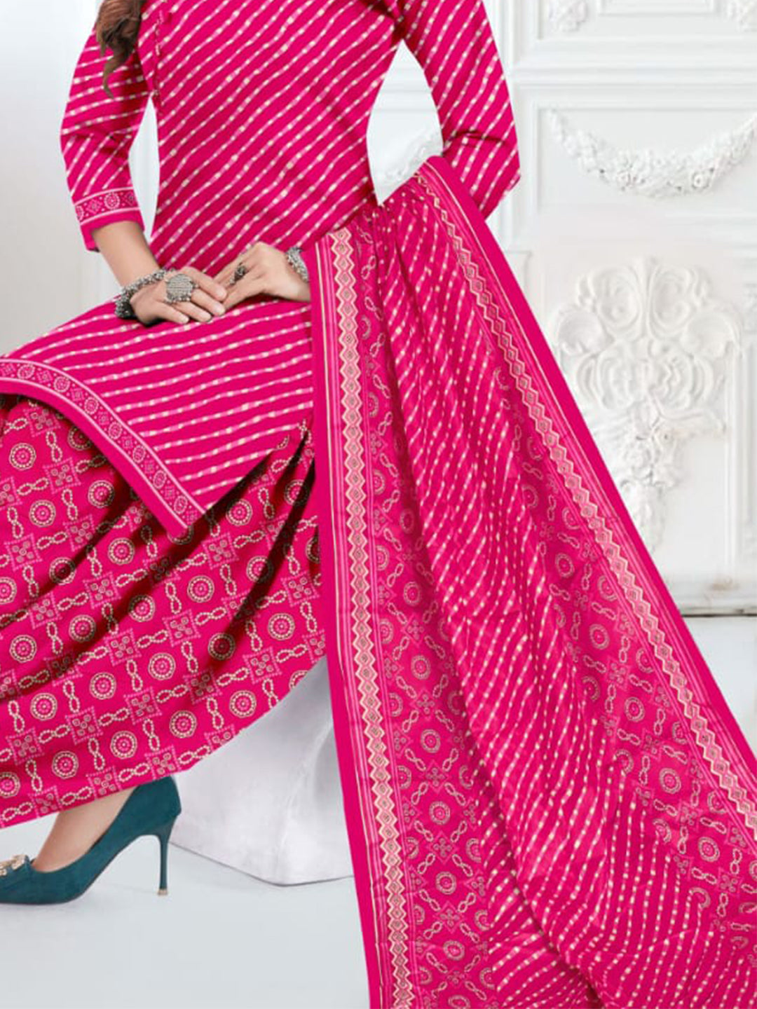 FlexFeb Dress Material 3 Piece Cotton Printed Unstitched Top Bottom Dupatta Pink Design