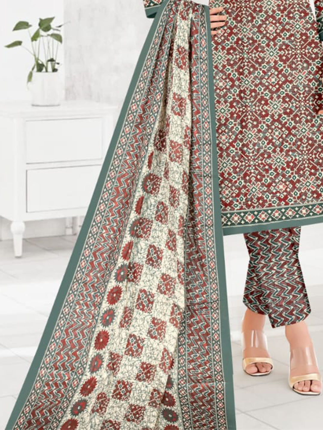 FlexFeb Dress Material 3 Piece Cotton Printed Unstitched Top Bottom Dupatta Brown and Green Ironstone Rust Design