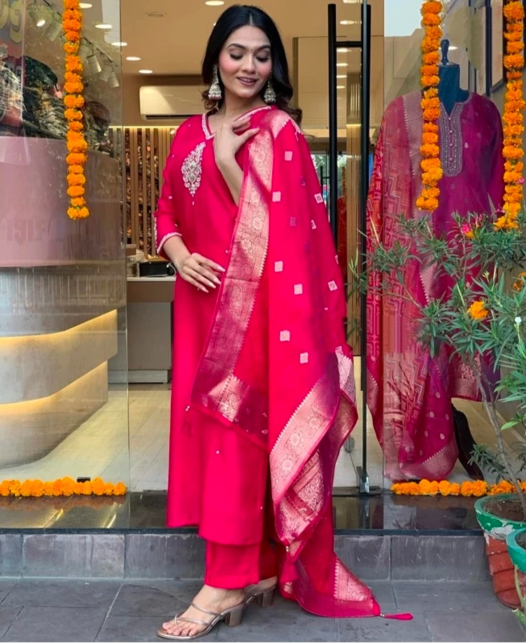 Elegant Chanchal Red Viscose Rayon Suit Set with Banarasi Dupatta – Festive & Party Wear