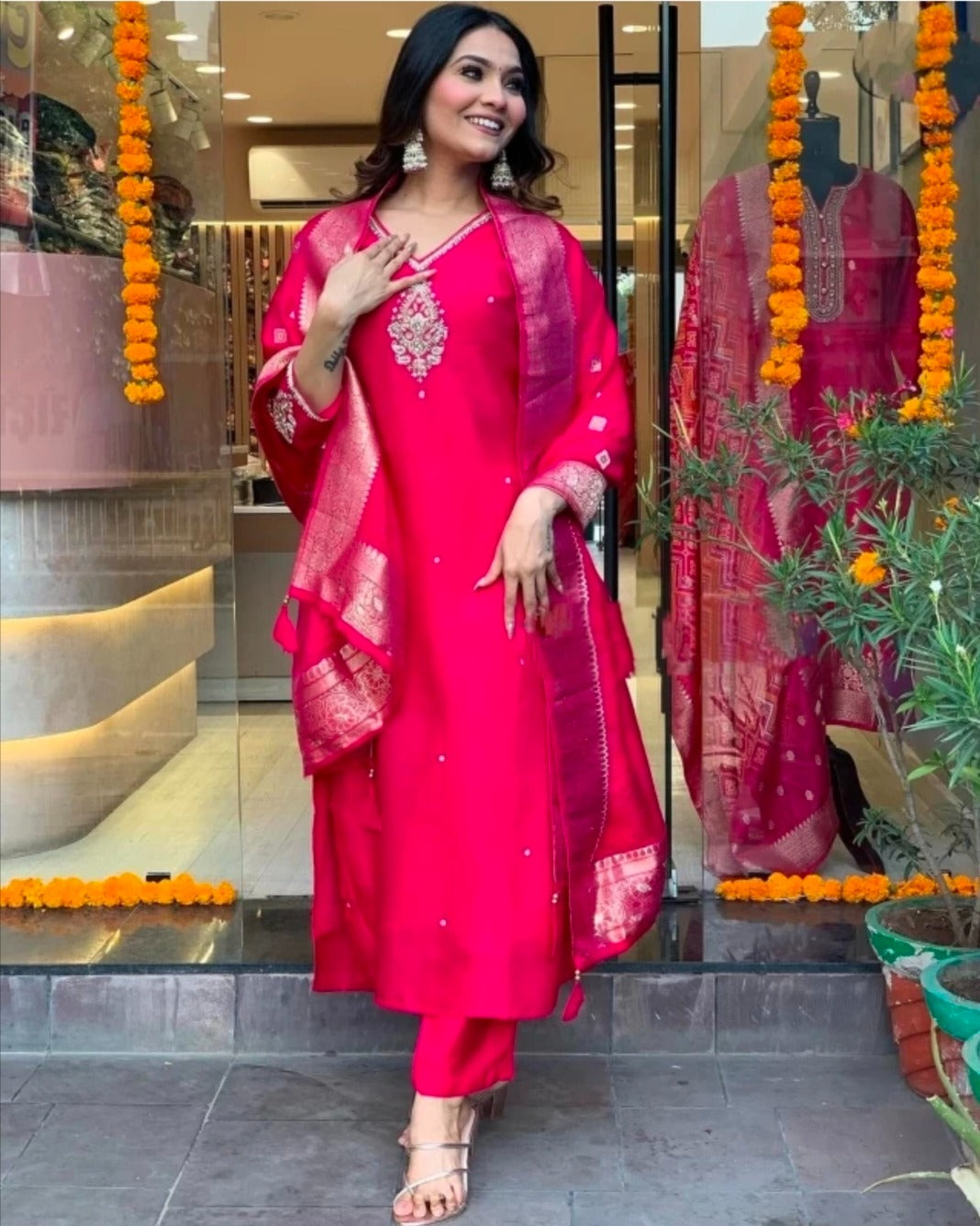 Elegant Chanchal Red Viscose Rayon Suit Set with Banarasi Dupatta – Festive & Party Wear