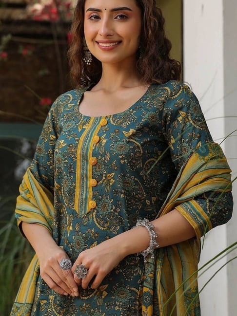 Chic Dark Green & Yellow Printed Cotton 3-Piece Suit Set | Kurta, Pant & Dupatta for Women