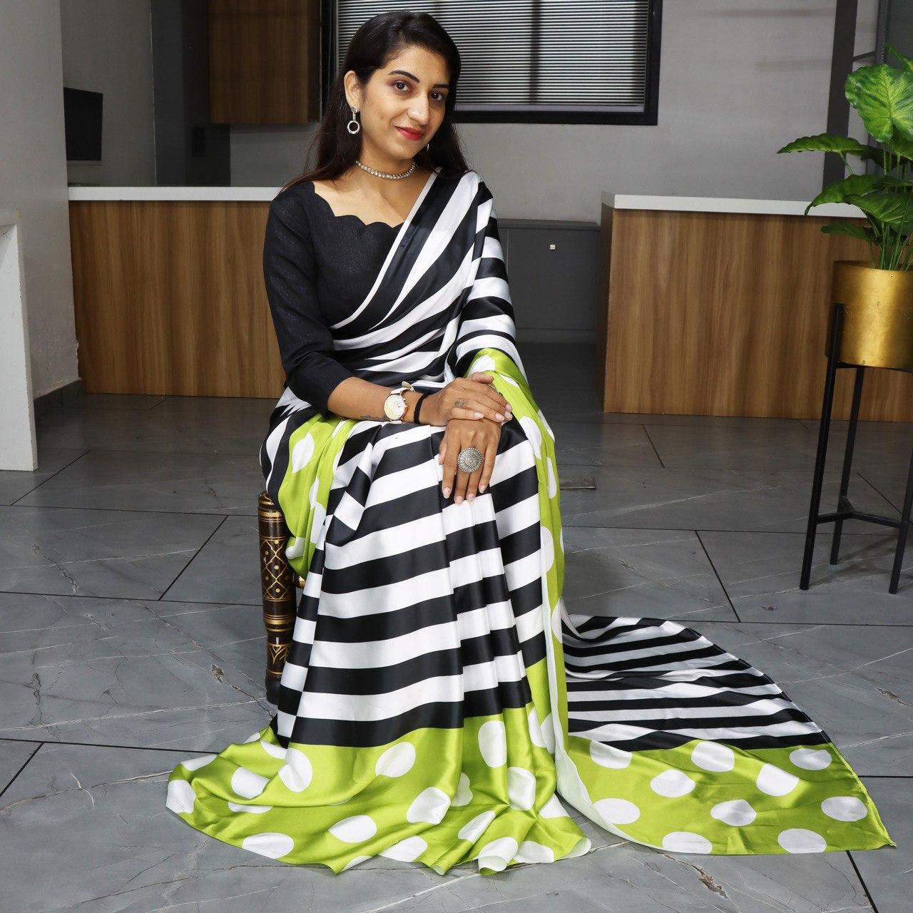 FlexFeb Bold Striped & Polka Dot Satin Saree with Plain Blouse – Soft, Stylish & Modern Drape