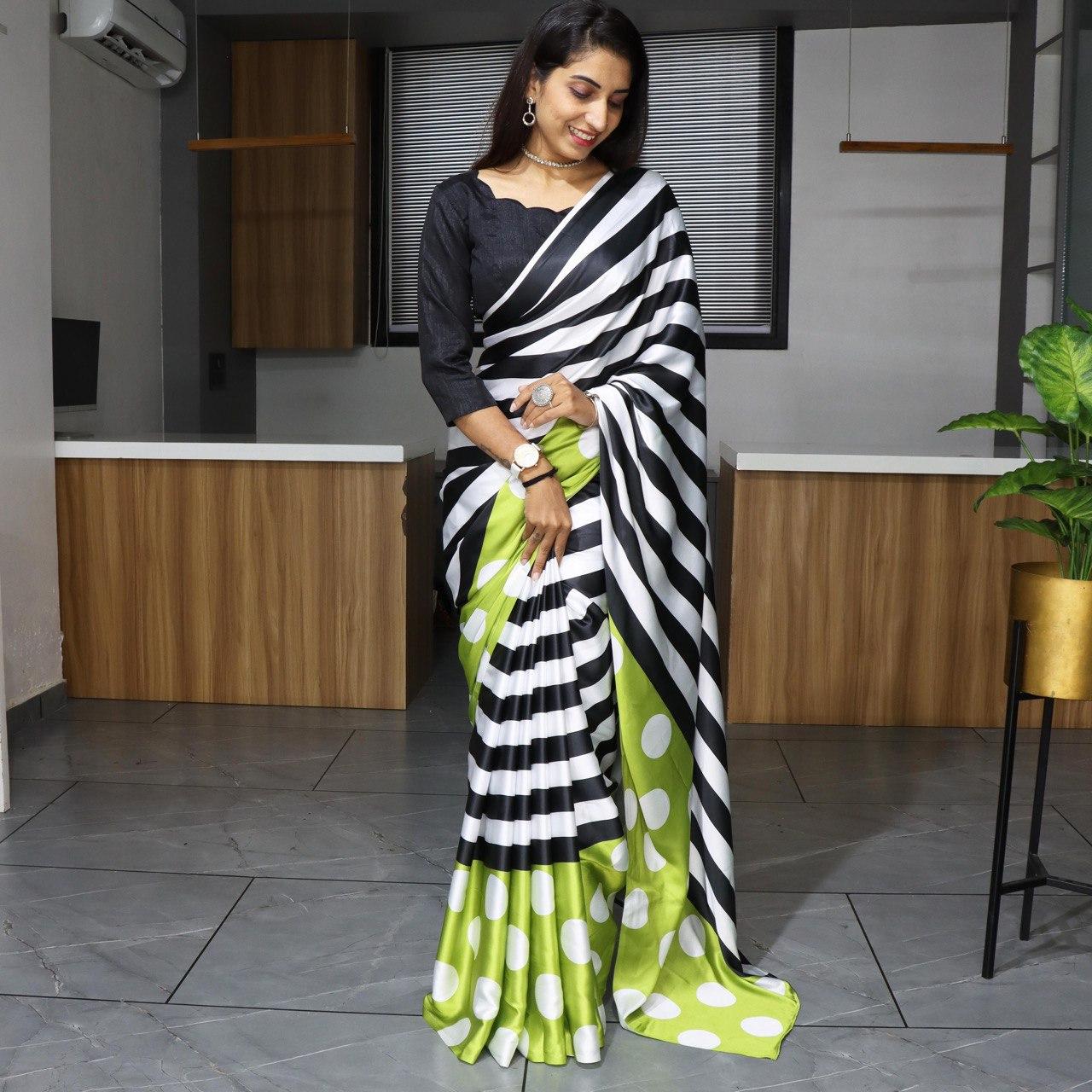 FlexFeb Bold Striped & Polka Dot Satin Saree with Plain Blouse – Soft, Stylish & Modern Drape