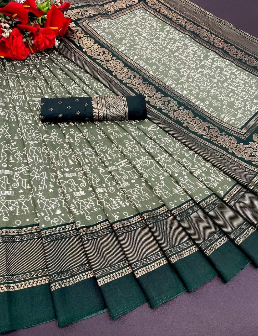 FlexFeb Soft Tussar Silk Saree in Olive Green with Dark Green Border & Traditional Warli Print Design