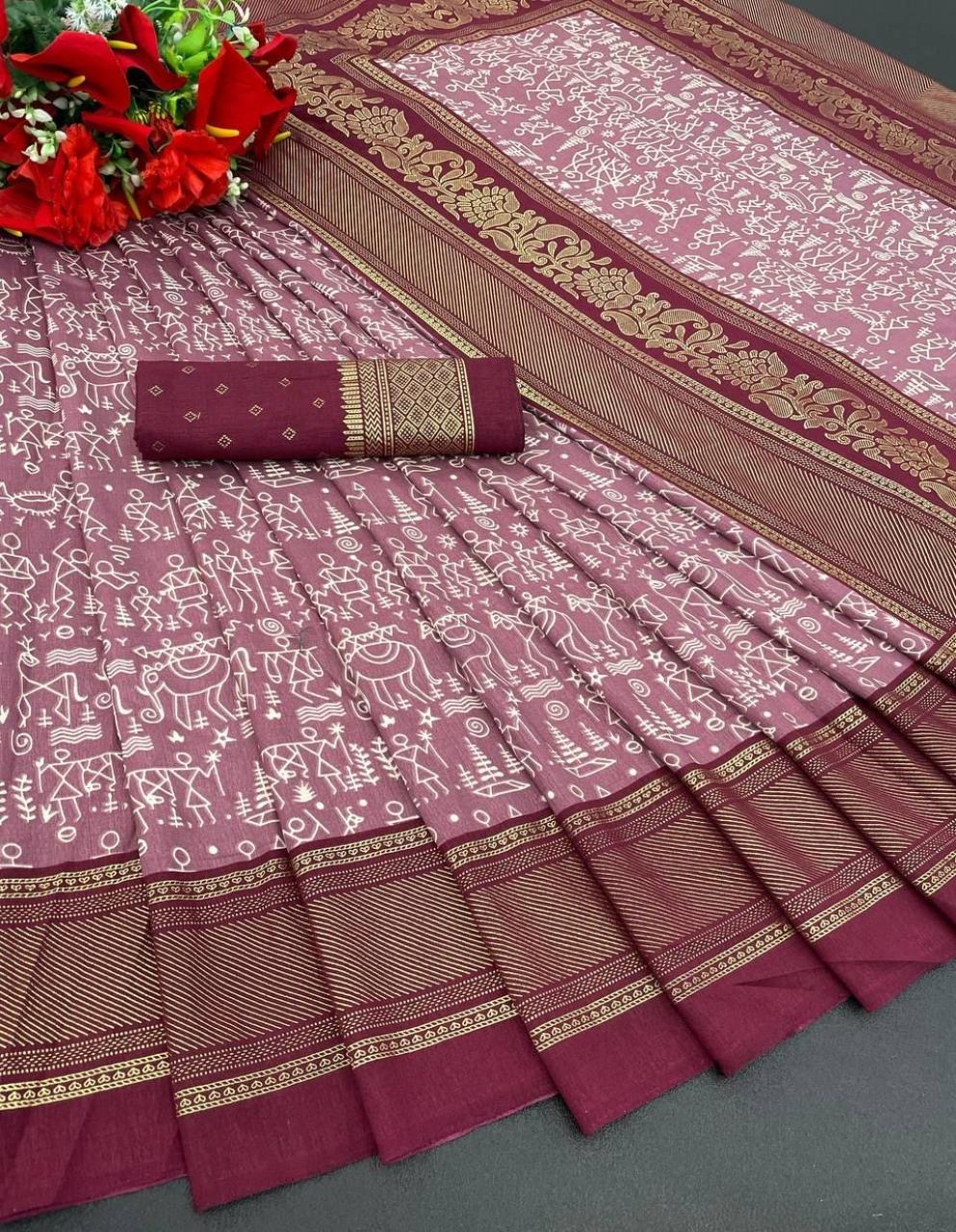 FlexFeb Soft Tussar Silk Saree in Wine Pink with Maroon Border & Traditional Warli Print Design