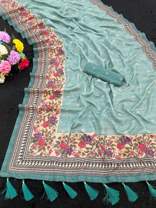 FlexFeb Soft Manipuri Silk Printed Saree with Floral Border & Tassels – Elegant Lightweight Drape