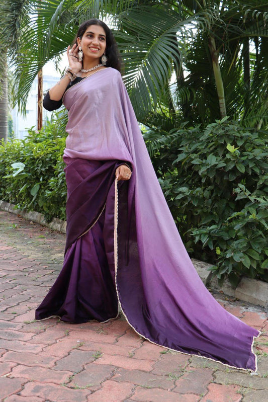 FlexFeb Ready-to-Wear Saree with Elegant Pearl Lace Border – Pre-Stitched Satin Saree for Party & Festive Wear