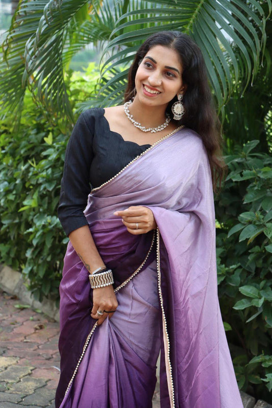 FlexFeb Ready-to-Wear Saree with Elegant Pearl Lace Border – Pre-Stitched Satin Saree for Party & Festive Wear