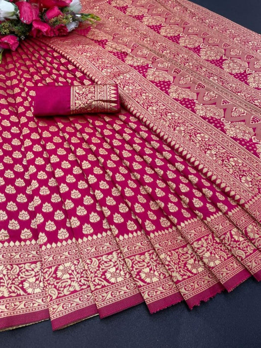 FlexFeb Soft Silk Saree with Golden Zari Butti Design & Elegant Weaving Border