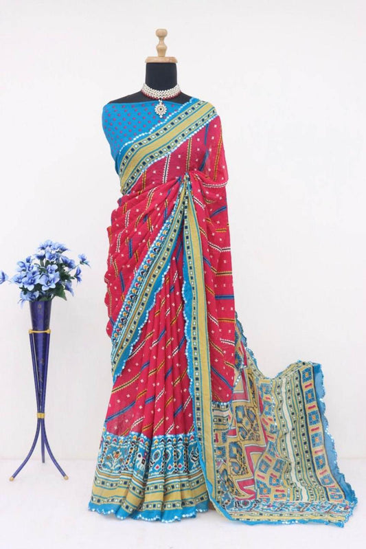 FlexFeb Traditional Rajasthani Pink Leriya Print Saree with Multicolor Ethnic Pallu Border