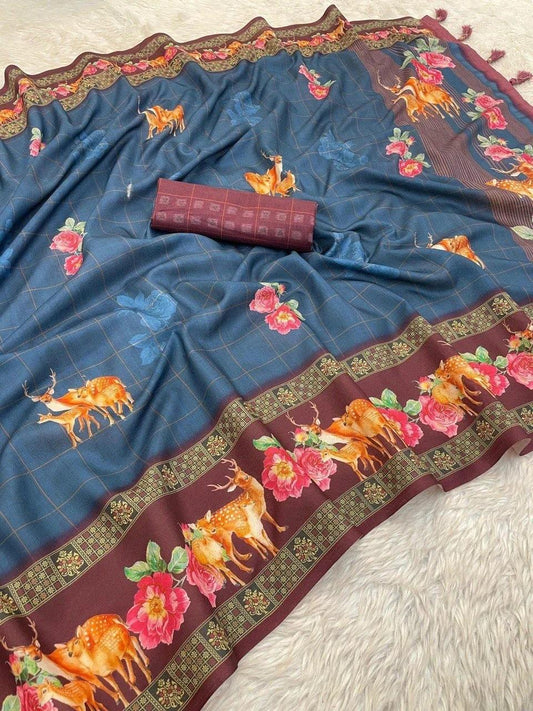 FlexFeb Soft Manipuri Silk Printed Saree with Floral & Ethnic Motifs – Lightweight & Elegant Drape