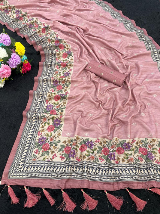 FlexFeb Soft Manipuri Silk Saree in Elegant Pink with Floral Printed Border & Tassel Detailing – Lightweight & Festive