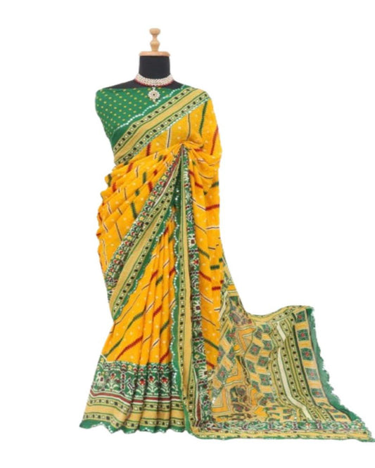 FlexFeb Leriya Yellow & Green Dull Moss Printed Saree with Traditional Rajasthani Design & Blouse Piece