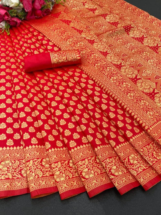 FlexFeb Soft Silk Saree with Elegant Zari Butti Design & Traditional Weaving Border