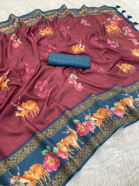 FlexFeb Soft Manipuri Silk Printed Saree with Deer & Floral Design – Lightweight Maroon Drape with Blue Border