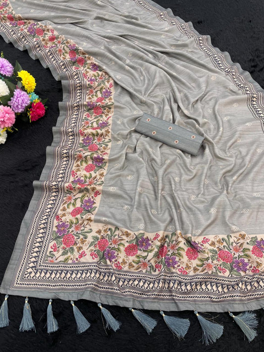 FlexFeb Soft Manipuri Silk Saree in Elegant Grey with Floral Printed Border & Tassel Pallu – Lightweight Traditional Drape