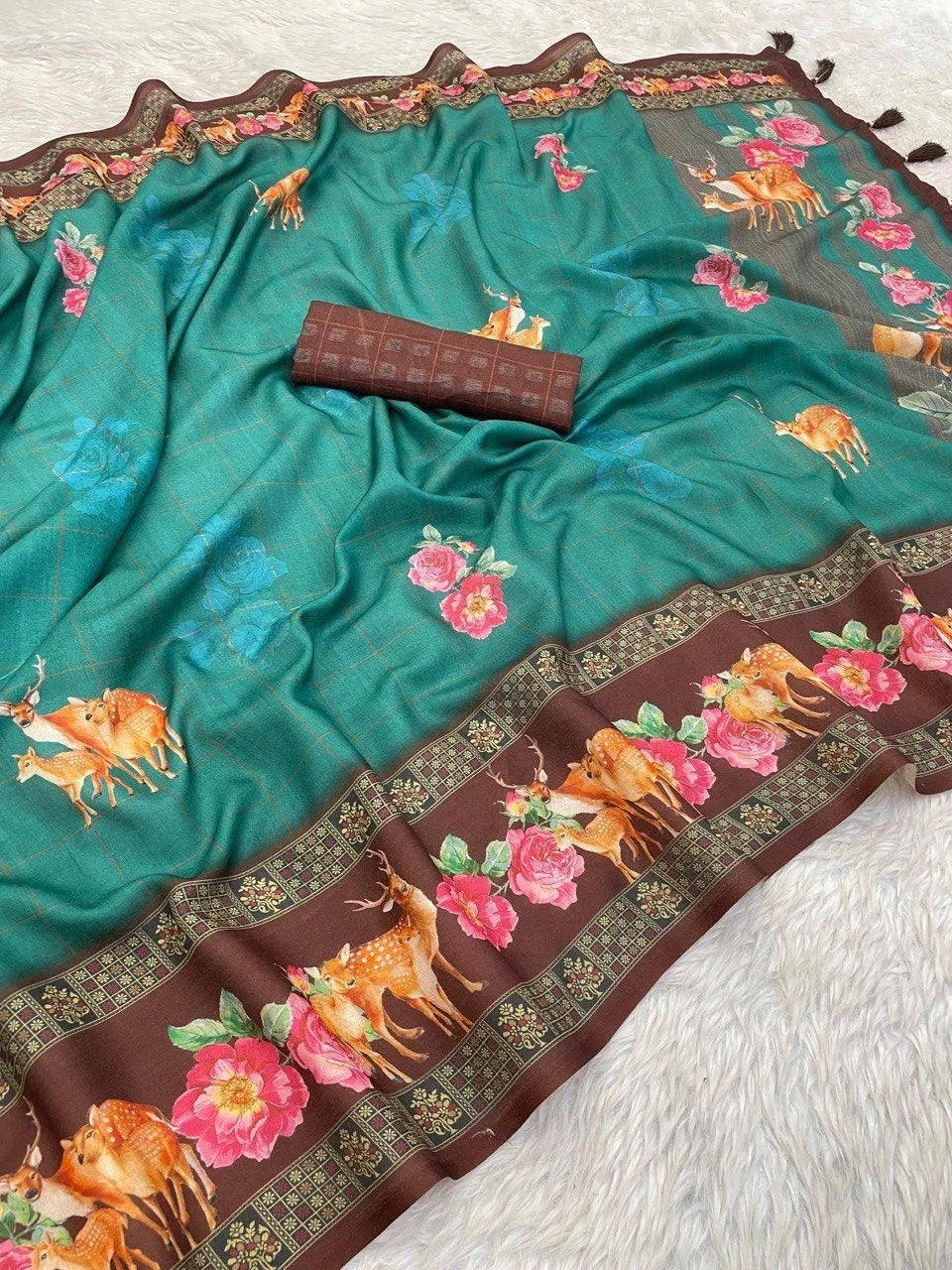 FlexFeb Soft Manipuri Silk Printed Saree with Deer & Floral Digital Design – Teal Green Drape with Brown Border