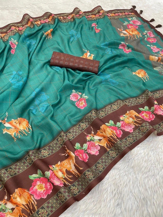 FlexFeb Soft Manipuri Silk Printed Saree with Deer & Floral Digital Design – Teal Green Drape with Brown Border