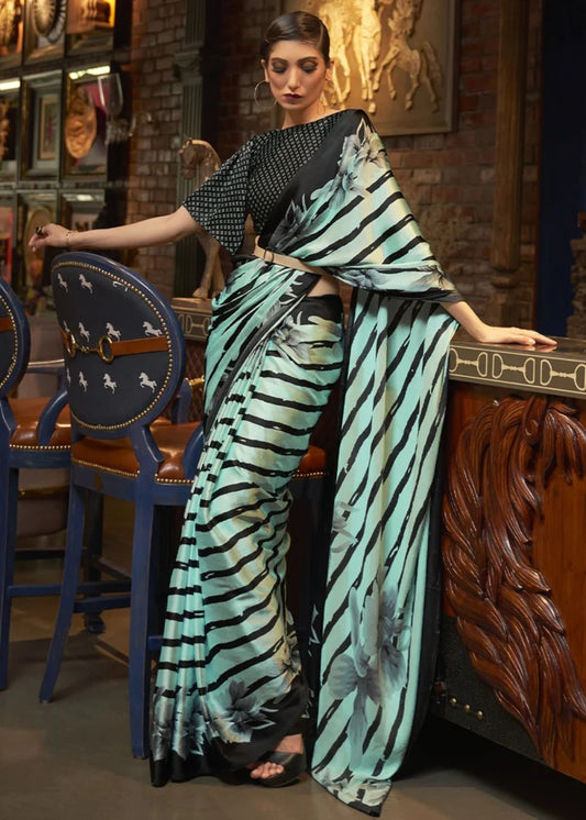 FlexFeb Stylish Printed Satin Saree with Matching Printed Blouse | Elegant Party Wear Saree for Women