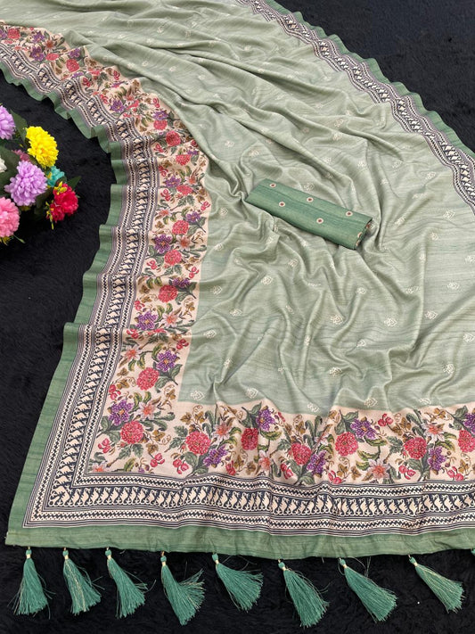 FlexFeb Manipuri Silk Saree in Light Green with Heritage Floral Border and Designer Tassels