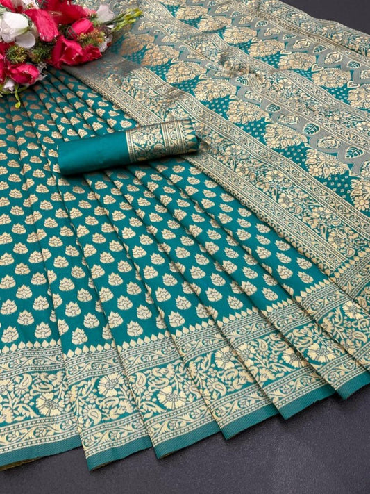 FlexFeb Soft Silk Saree with Golden Butti Weaving & Rich Zari Border – Festive & Wedding Wear