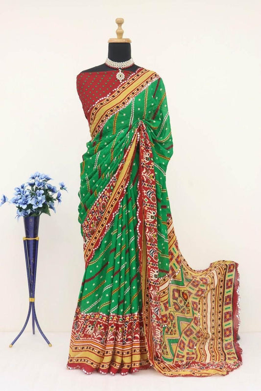 FlexFeb Traditional Green Leriya Dull Moss Printed Saree with Contrast Pallu & Blouse Piece