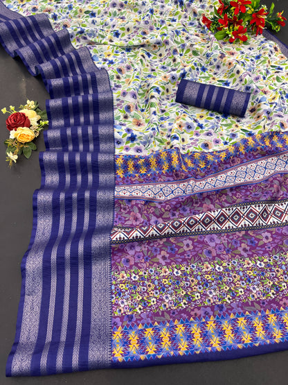 FlexFeb Elegant Purple Printed Floral Silk Saree with Rich Border & Blouse – Lightweight & Festive Wear