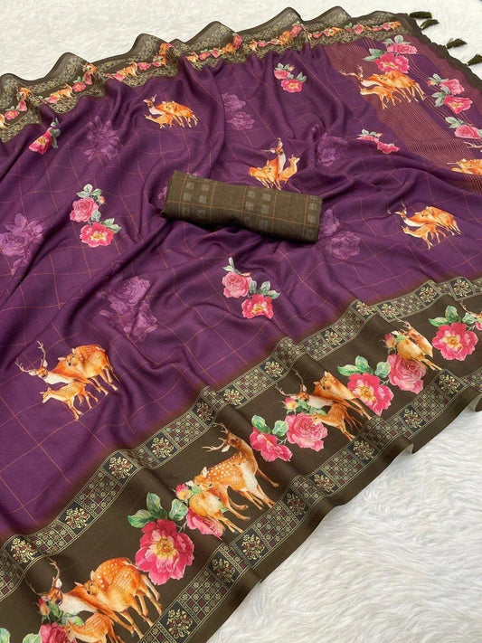 FlexFeb Soft Manipuri Silk Printed Saree – Purple with Deer & Floral Design | Lightweight & Elegant