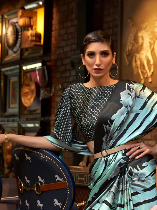 FlexFeb Stylish Printed Satin Saree with Matching Printed Blouse | Elegant Party Wear Saree for Women