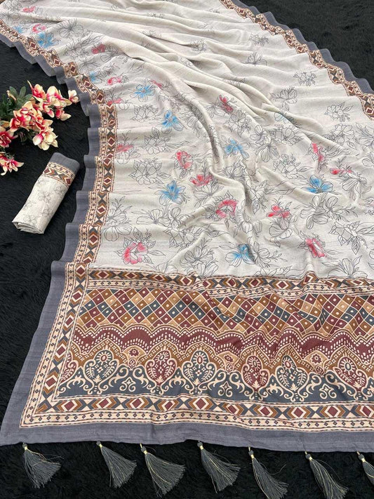 FlexFeb legant Soft Manipuri Silk Saree with Floral & Ethnic Print | Lightweight Festive Drape with Tassels
