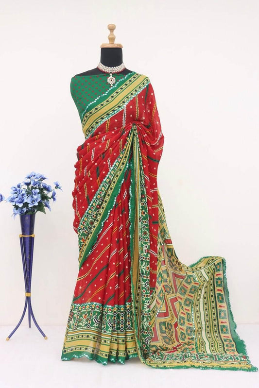FlexFeb Vibrant Leriya Dull Moss Printed Saree with Traditional Multicolor Patterns