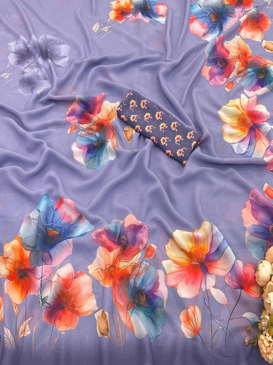 FlexFeb Premium Soft Silk Saree with Multicolor Floral Digital Print & Matching Blouse Piece