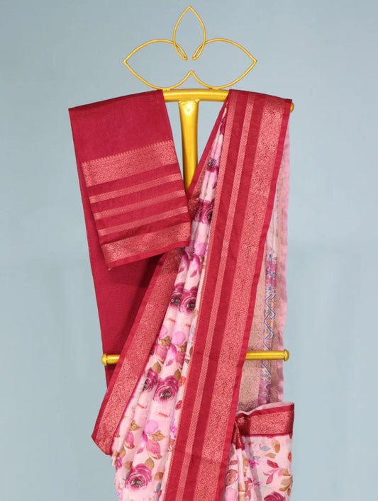 FlexFeb Rose Pink Floral Printed Silk Saree with Rich Maroon Border & Blouse – Elegant Festive Wear