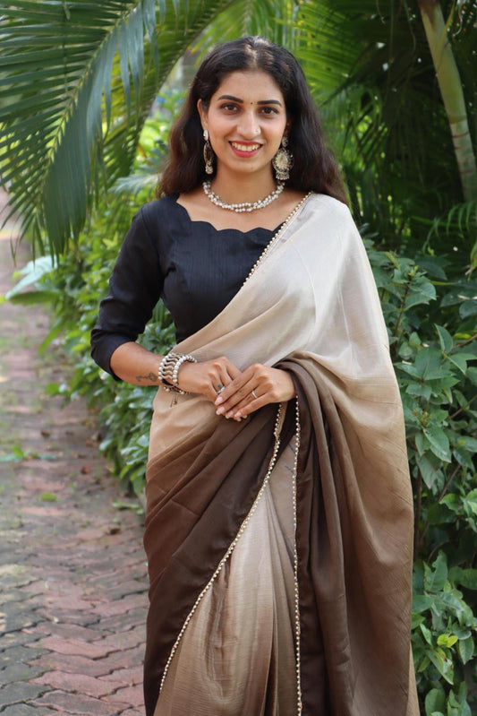 FlexFeb Elegant Ready to Wear Brown & Beige Ombre Saree with Pearl Lace Border – Pre-Draped Satin Silk Saree