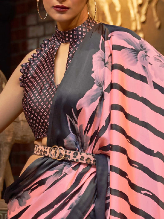 FlexFeb Designer Pure Satin Saree in Pink & Black with Floral Striped Print – Elegant Party Wear