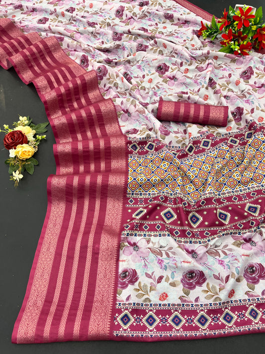 FlexFeb Rose Pink Floral Printed Silk Saree with Rich Maroon Border & Blouse – Elegant Festive Wear