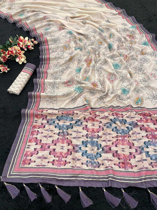 FlexFeb Elegant Manipuri Silk Unstitched Saree Material with Floral Print & Tassel Border Dupatta