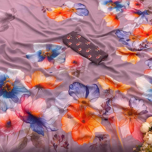 FlexFeb Soft Silk Saree with Vibrant Multicolor Floral Digital Print & Matching Blouse Piece