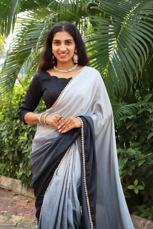 FlexFeb Ready to Wear Grey-Black Ombre Saree with Elegant Pearl Lace Border – Pre-Stitched Satin Silk Saree