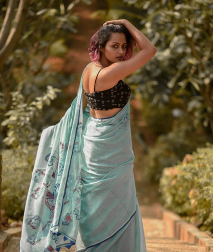 FlexFeb Soft Printed Linen Saree with Blouse Piece – Aqua Blue Casual Wear Saree with Artistic Pallu Design