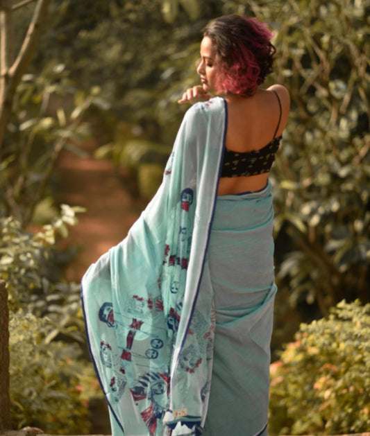 FlexFeb Soft Printed Linen Saree with Blouse Piece – Aqua Blue Casual Wear Saree with Artistic Pallu Design