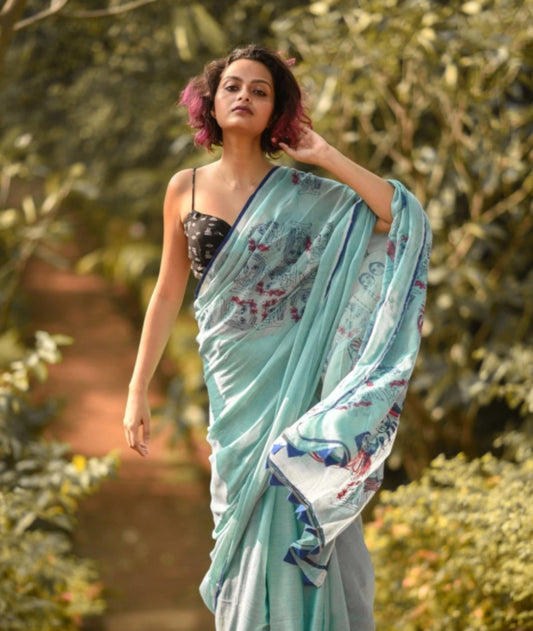 FlexFeb Soft Printed Linen Saree with Blouse Piece – Aqua Blue Casual Wear Saree with Artistic Pallu Design