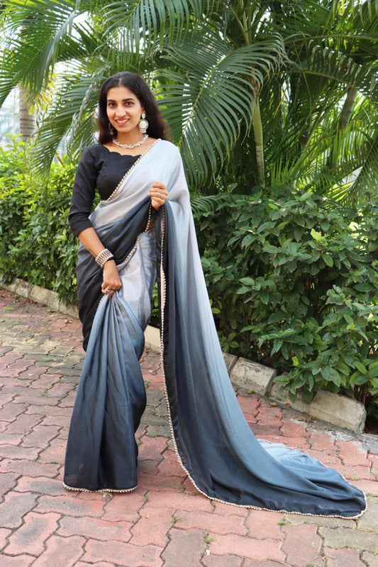 FlexFeb Ready to Wear Grey-Black Ombre Saree with Elegant Pearl Lace Border – Pre-Stitched Satin Silk Saree